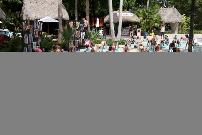 Katie Austin leading a workout on Sunday of launch week.